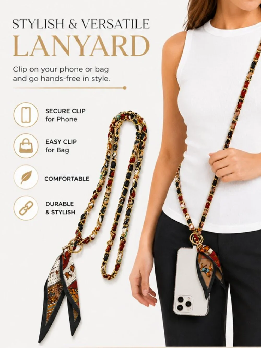 Ribbon Chain Phone Crossbody Lanyard with clear Tether Patch
